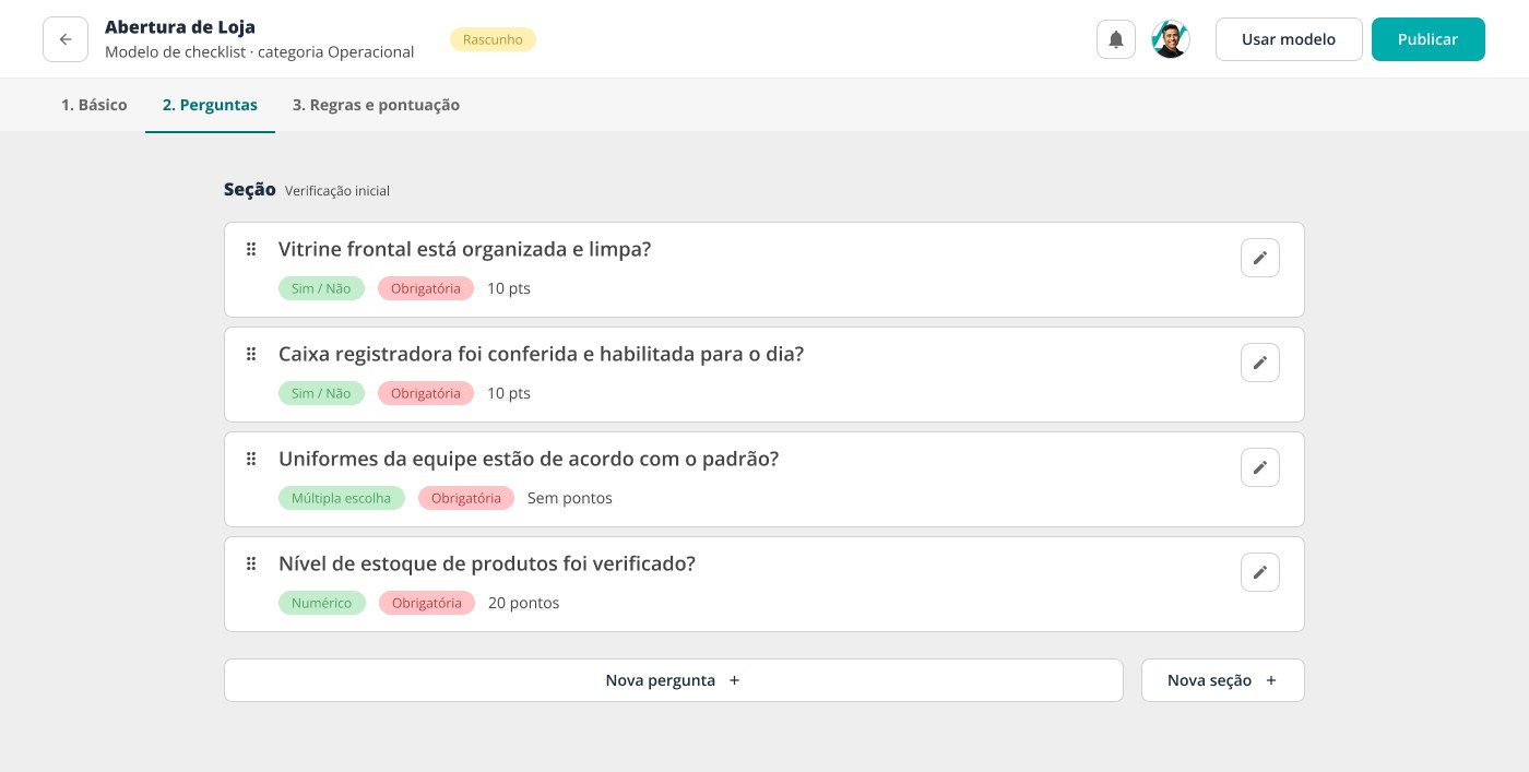 Tela de criação de checklist, com as abas Básico, Perguntas, Regras e pontuação