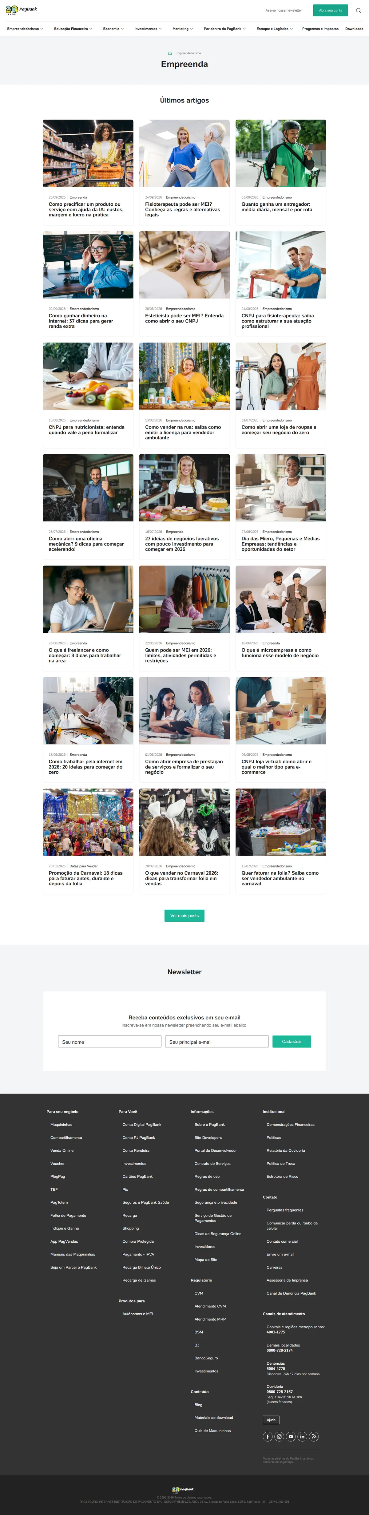 Layout desktop completo da página de categoria Empreenda, com os últimos artigos em grade de três colunas, botão Ver mais posts, newsletter e rodapé.