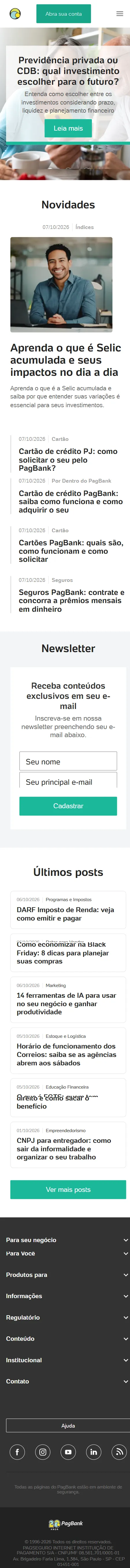 Layout mobile completo da home do blog, com os destaques e as listas de posts empilhados em uma coluna.