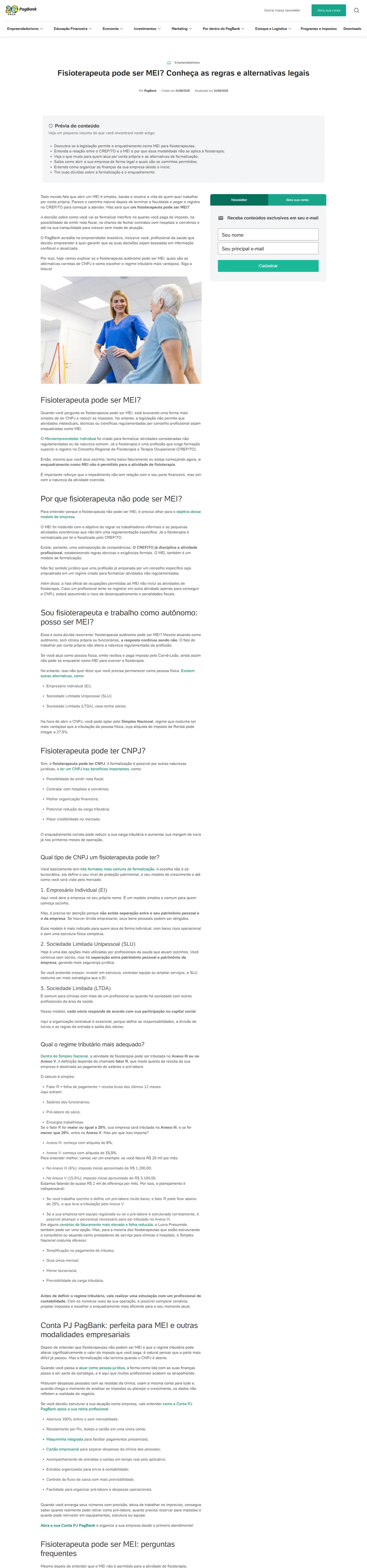 Layout desktop completo de um post: título, prévia do conteúdo em lista, texto com imagem e intertítulos, newsletter na lateral e perguntas frequentes.