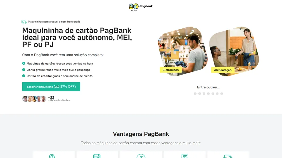 Topo da landing page com o título Maquininha de cartão PagBank ideal para você autônomo, MEI, PF ou PJ e fotos de pequenos negócios