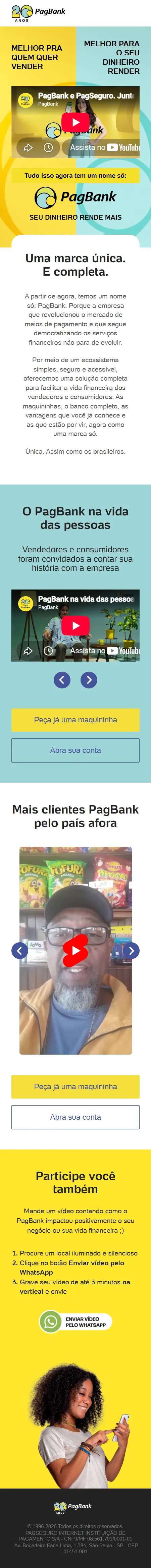 Layout mobile completo da mesma página, com os vídeos em carrossel e as seções empilhadas em uma coluna.