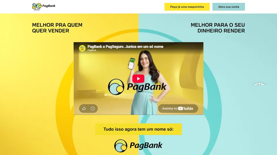 Topo da landing page com o vídeo da campanha PagBank e PagSeguro juntos em um só nome, sobre fundo amarelo e verde-água
