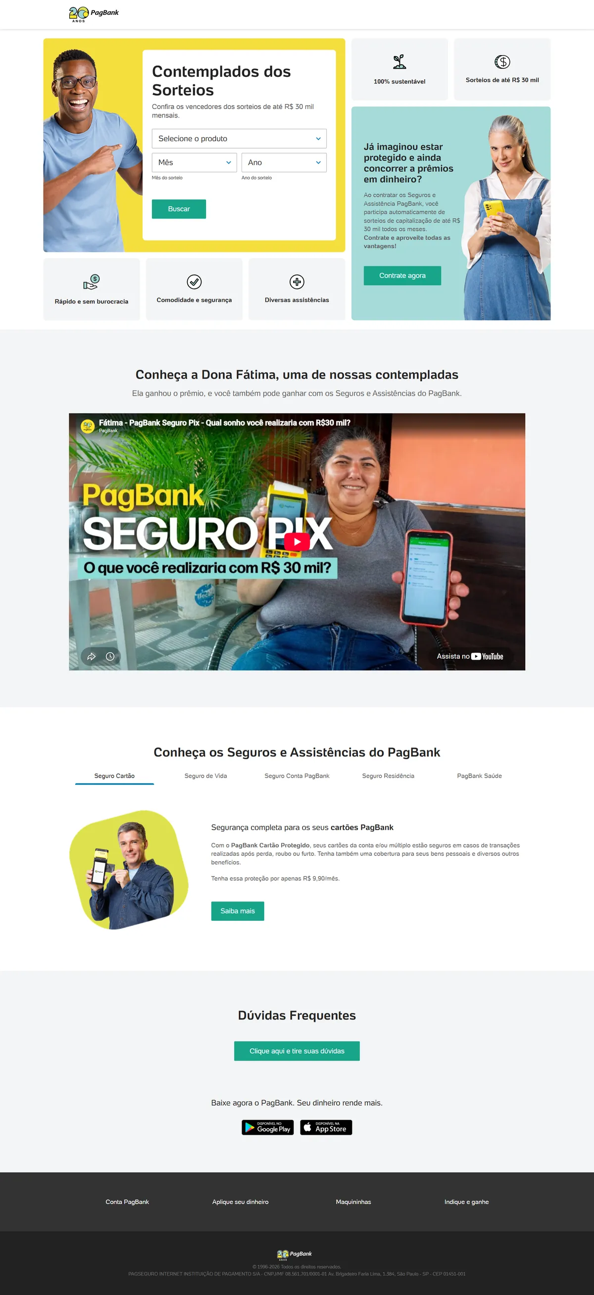 Layout desktop completo: hero com formulário de busca e destaques dos sorteios, chamada para contratar seguros, vídeo de uma contemplada, abas com os seguros e assistências do PagBank e perguntas frequentes.