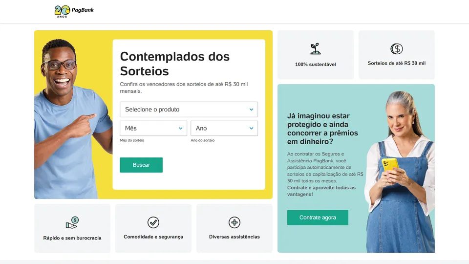 Topo da página Contemplados dos Sorteios, com um homem sorridente apontando para o formulário de busca por produto, mês e ano
