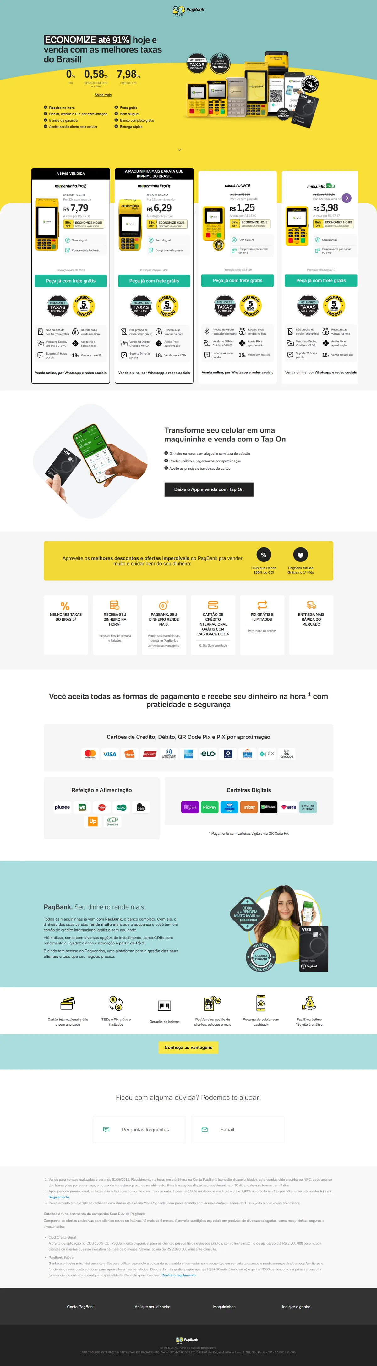 Layout desktop completo: hero com taxas e benefícios, vitrine de maquininhas com selos e características, chamada do Tap On, ofertas e vantagens, formas de pagamento aceitas, conta PagBank e canais de ajuda.