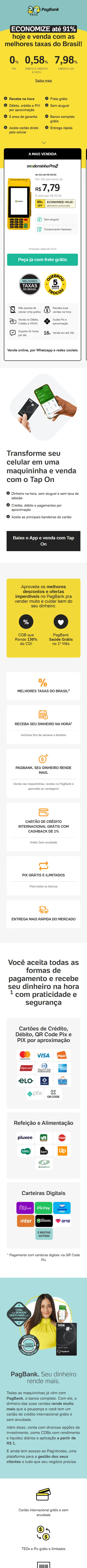 Layout mobile completo da mesma página, com a vitrine de maquininhas em carrossel e as seções empilhadas em uma coluna.