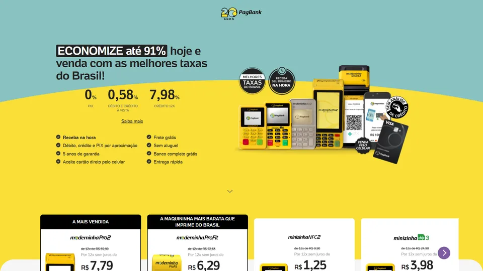 Topo da landing page com o título Economize até 91% hoje e venda com as melhores taxas do Brasil, as taxas em destaque e as maquininhas PagBank
