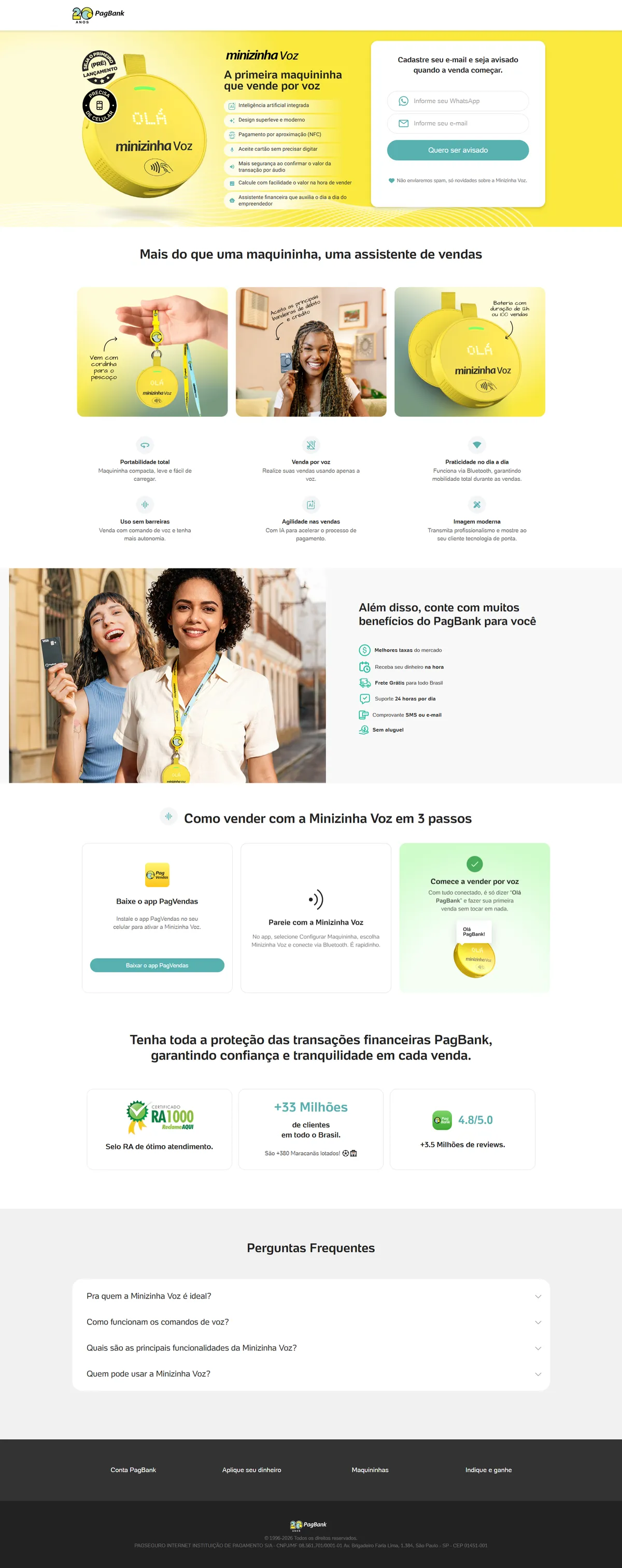 Layout desktop completo: hero com produto e formulário de aviso de lançamento, seção Mais do que uma maquininha com fotos e benefícios, benefícios PagBank, passo a passo em três etapas, selos de confiança e perguntas frequentes.