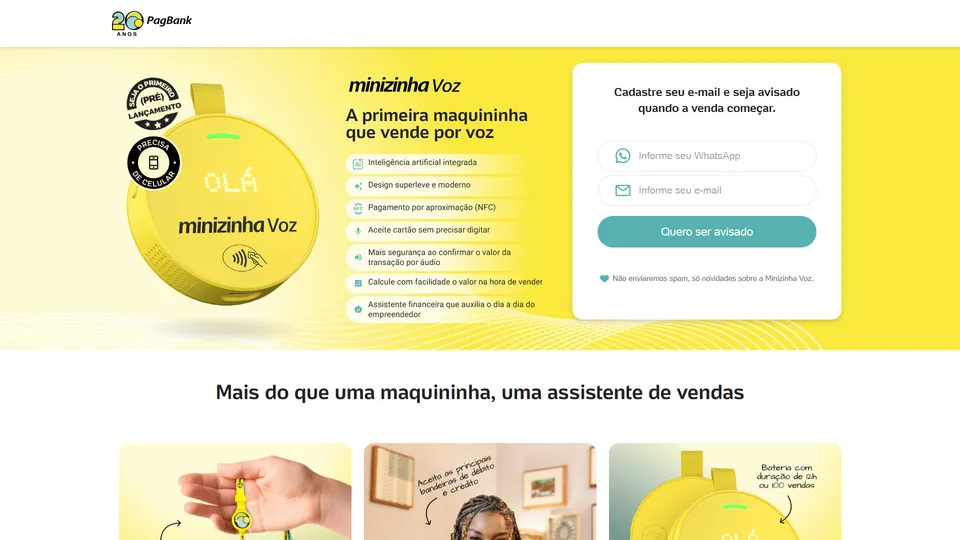 Topo da landing page da Minizinha Voz, com a maquininha amarela redonda, a lista de recursos e o formulário Cadastre seu e-mail e seja avisado