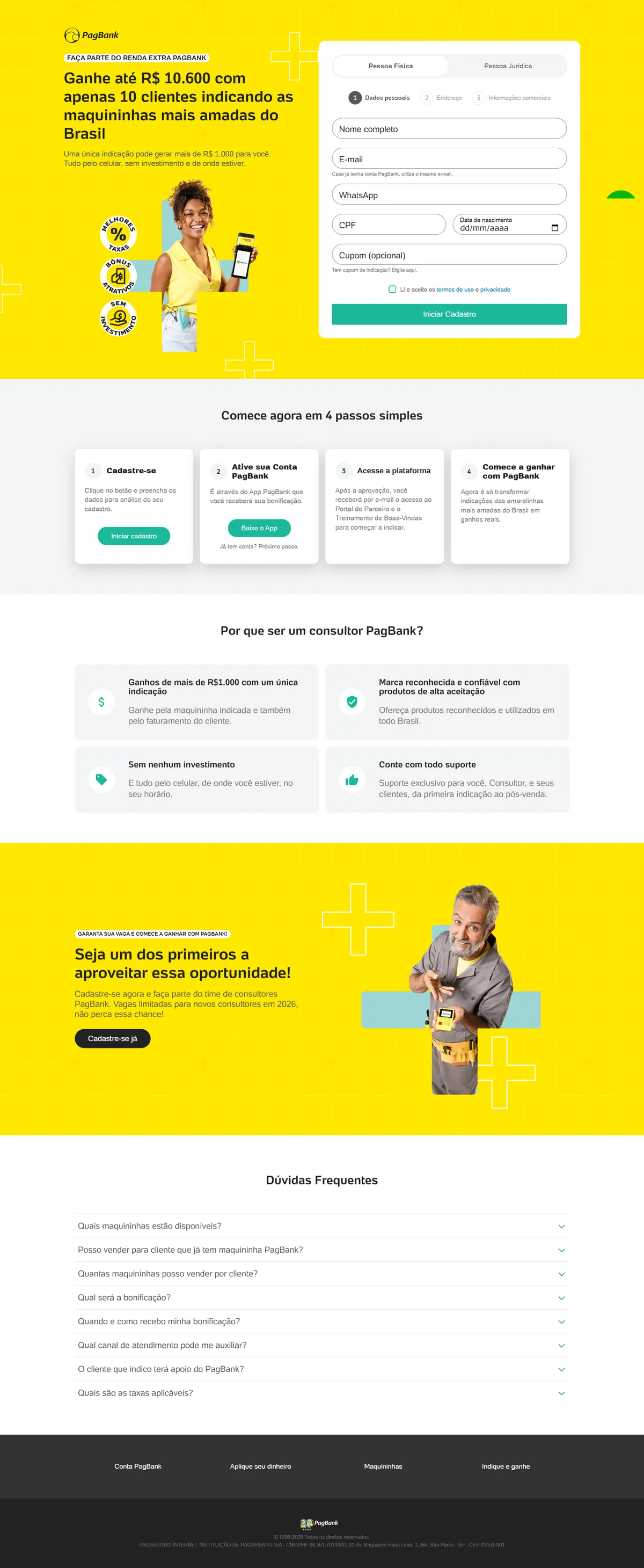 Layout desktop completo: hero com formulário de cadastro para pessoa física e jurídica, quatro passos para começar, benefícios de ser consultor PagBank, chamada final para cadastro e perguntas frequentes.