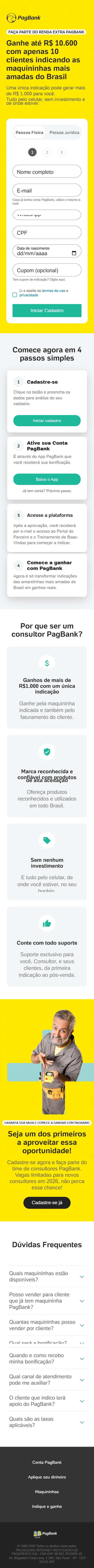 Layout mobile completo da mesma página, com o formulário de cadastro abaixo da chamada principal e as seções empilhadas em uma coluna.