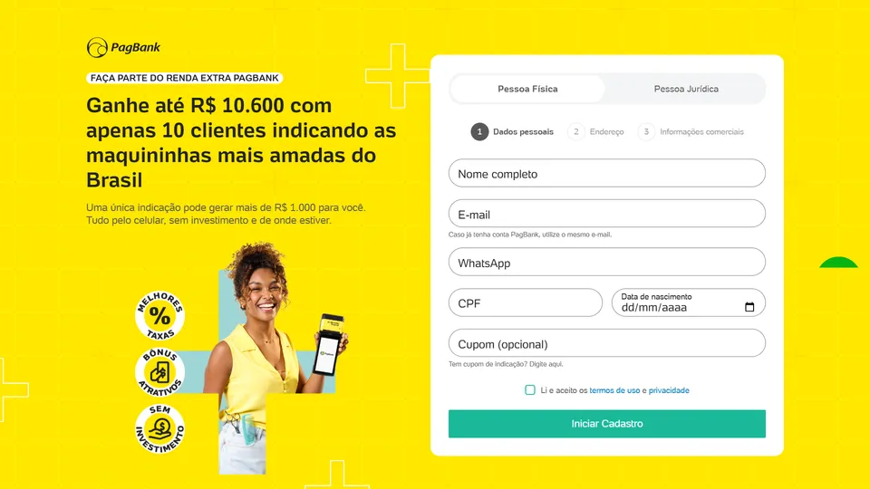 Topo da landing page Renda Extra, com uma consultora sorrindo segurando a maquininha e o formulário de cadastro em etapas ao lado