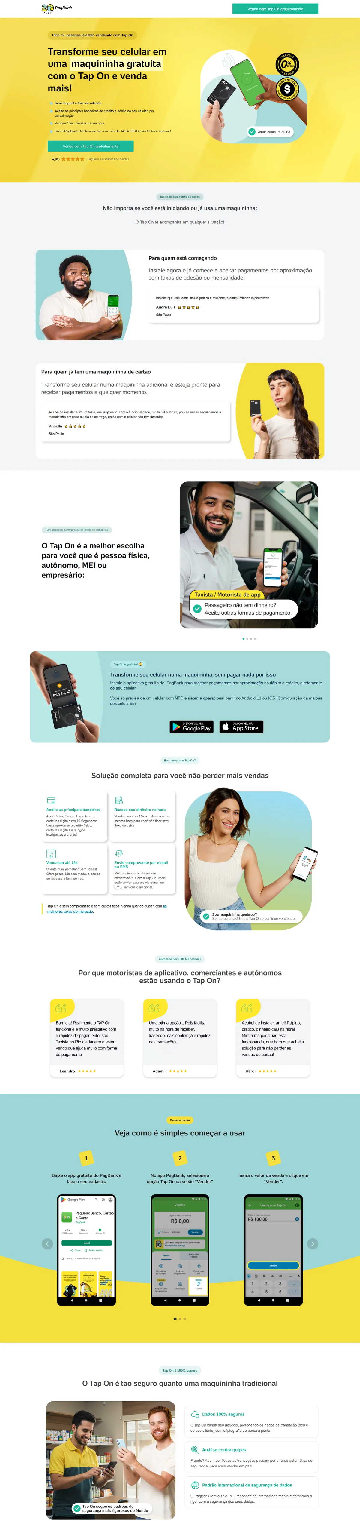 Layout desktop completo: hero com chamada para vender com Tap On, blocos por perfil de usuário com depoimento, perfis profissionais em carrossel, benefícios, depoimentos, passo a passo em três telas do app e seção de segurança.