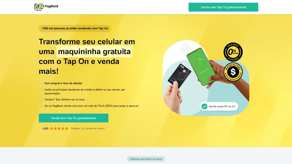 Topo da landing page do Tap On, com o título Transforme seu celular em uma maquininha gratuita e a ilustração de um cartão pagando por aproximação num celular