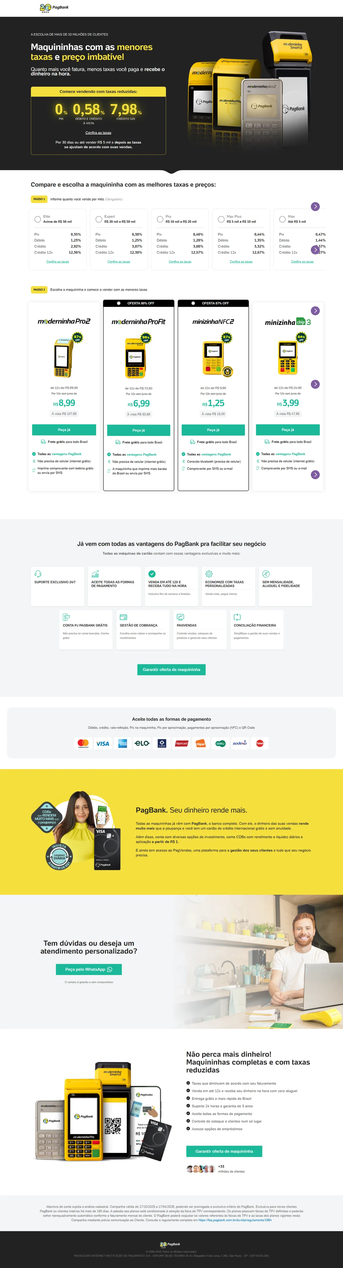 Layout desktop completo: hero com taxas em destaque, passo 1 com as faixas de faturamento e suas taxas, passo 2 com a vitrine de maquininhas, vantagens, formas de pagamento, conta PagBank, atendimento por WhatsApp e oferta final.