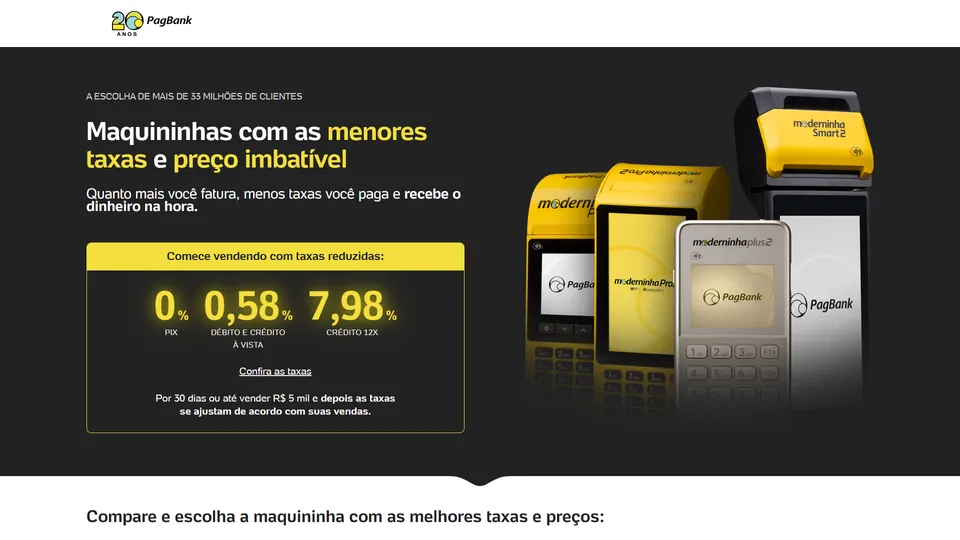 Topo da landing page em fundo escuro, com o título Maquininhas com as menores taxas e preço imbatível e as maquininhas PagBank em destaque