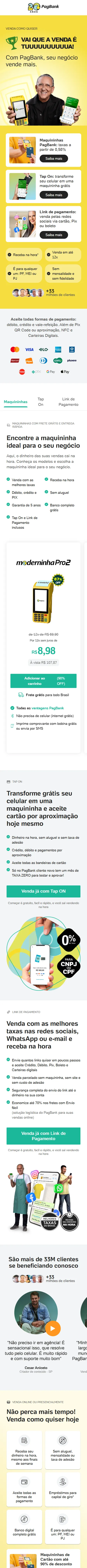 Layout mobile completo da mesma página, com as seções empilhadas em uma coluna e as vitrines em carrossel.