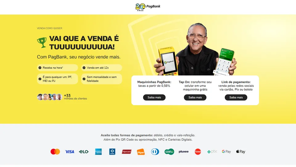 Topo da landing page com Galvão Bueno segurando uma maquininha e o título Vai que a venda é tuuuuuuuua